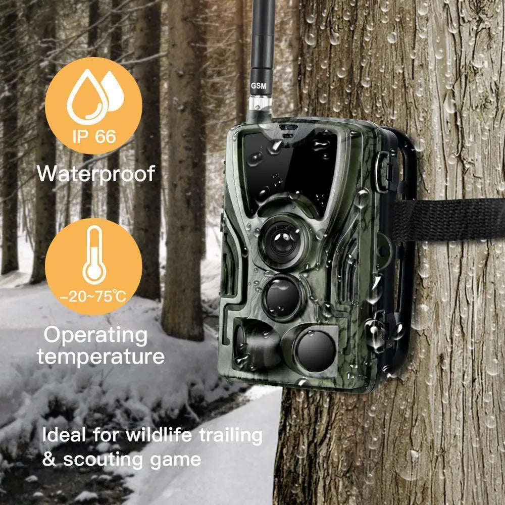 Green cellular trail game camera showing front lens and display, dimensions 135x90x76mm