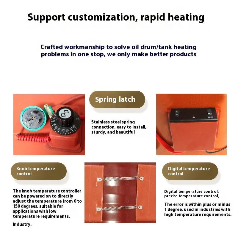 Silicone rubber heating belt wrapped around 200 litre oil drum with digital display control