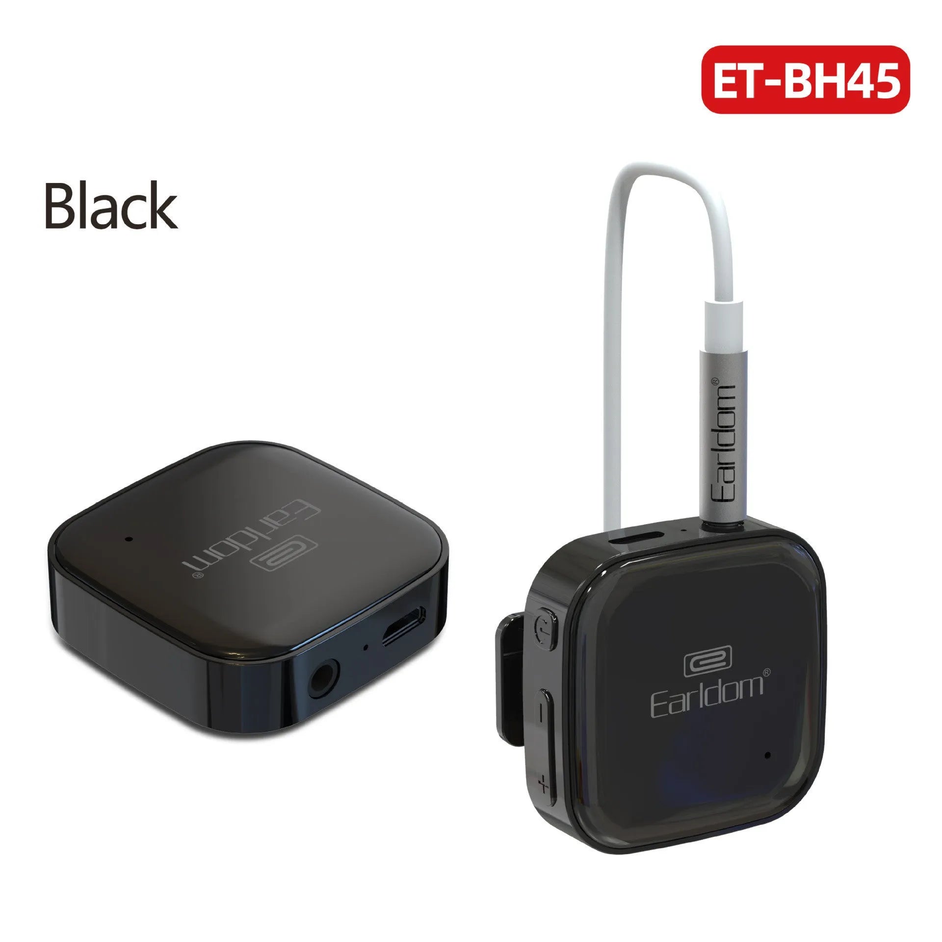 Black Bluetooth lavalier audio receiver for converting wired running headphones to wireless with 10-metre range