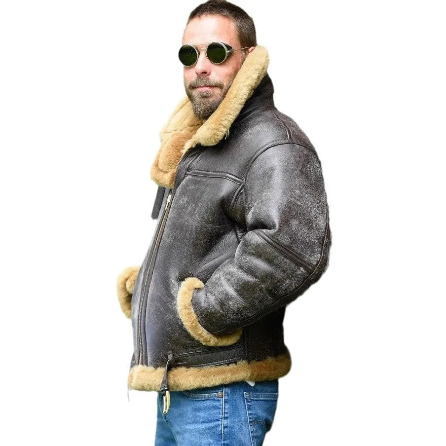 Men's brown synthetic fur coat with vintage styling and medium length design