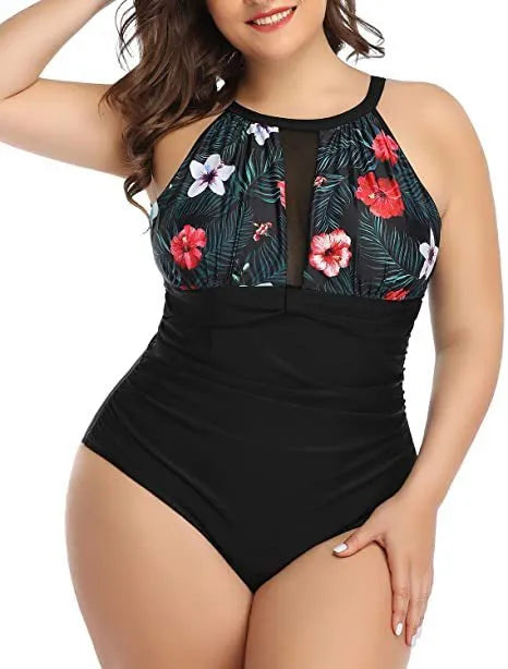 Women's black one-piece swimsuit with lace detail, shown alongside striped and red floral pattern options.