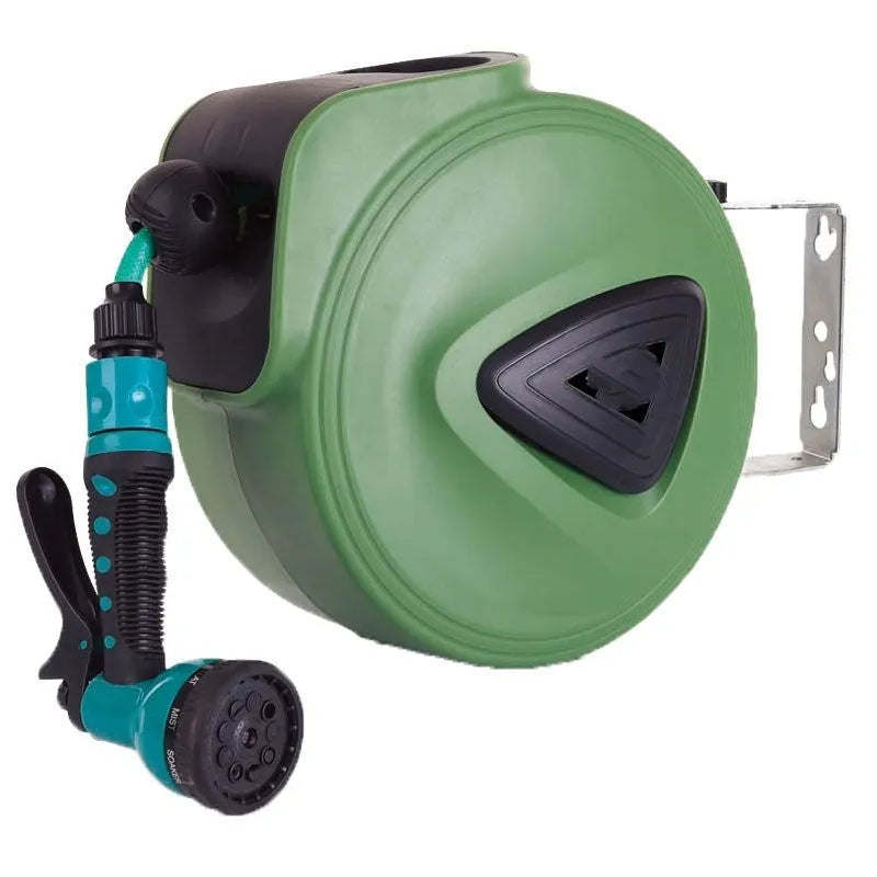 Automatic retractable hose reel with drum collector for 10 metre PVC water pipe.