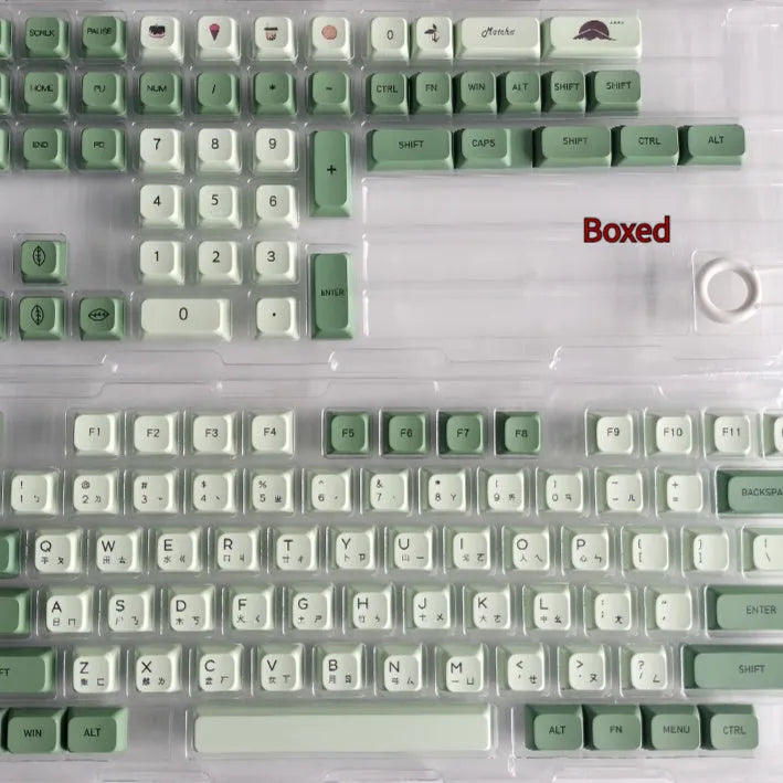 124 Key Matcha green PBT sublimation keycap set for mechanical keyboards laid out flat.