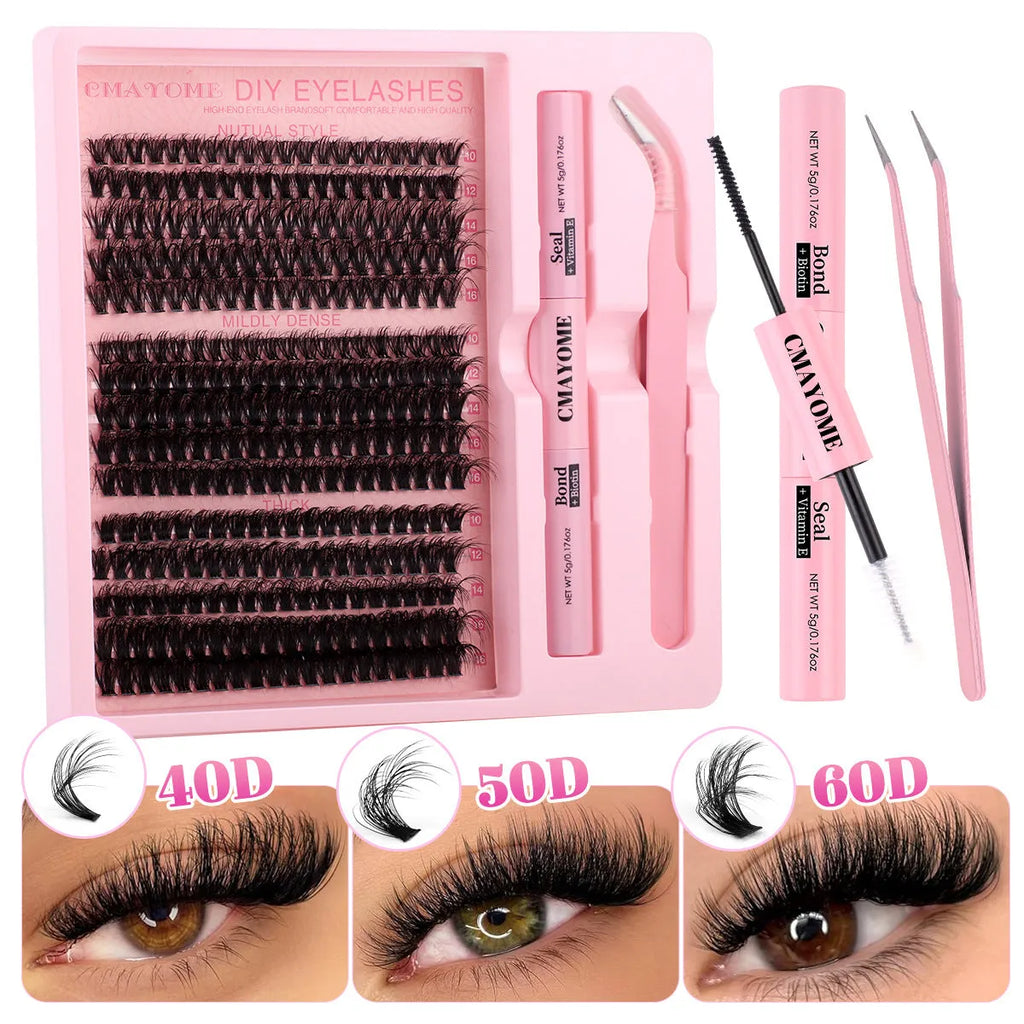 DIY false eyelashes extension suit showing single cluster lashes and eyelash tweezers
