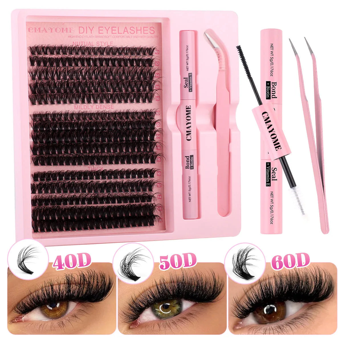 DIY false eyelashes extension suit showing single cluster lashes and eyelash tweezers