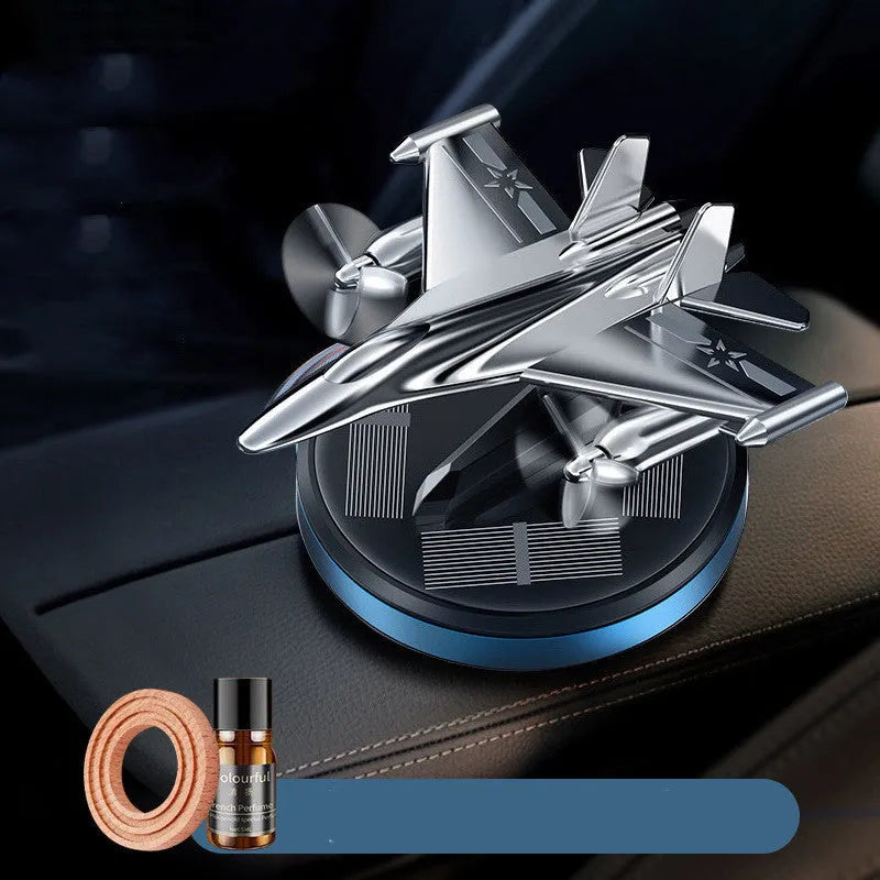 Solar powered rotating fighter aircraft perfume ornament in metallic finish with essential oil diffuser