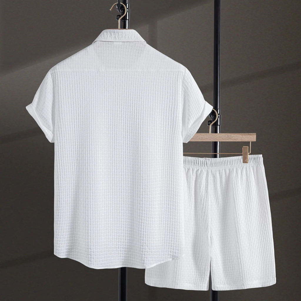 Men's cotton blend beach shorts and shirt two-piece set in loose cardigan style