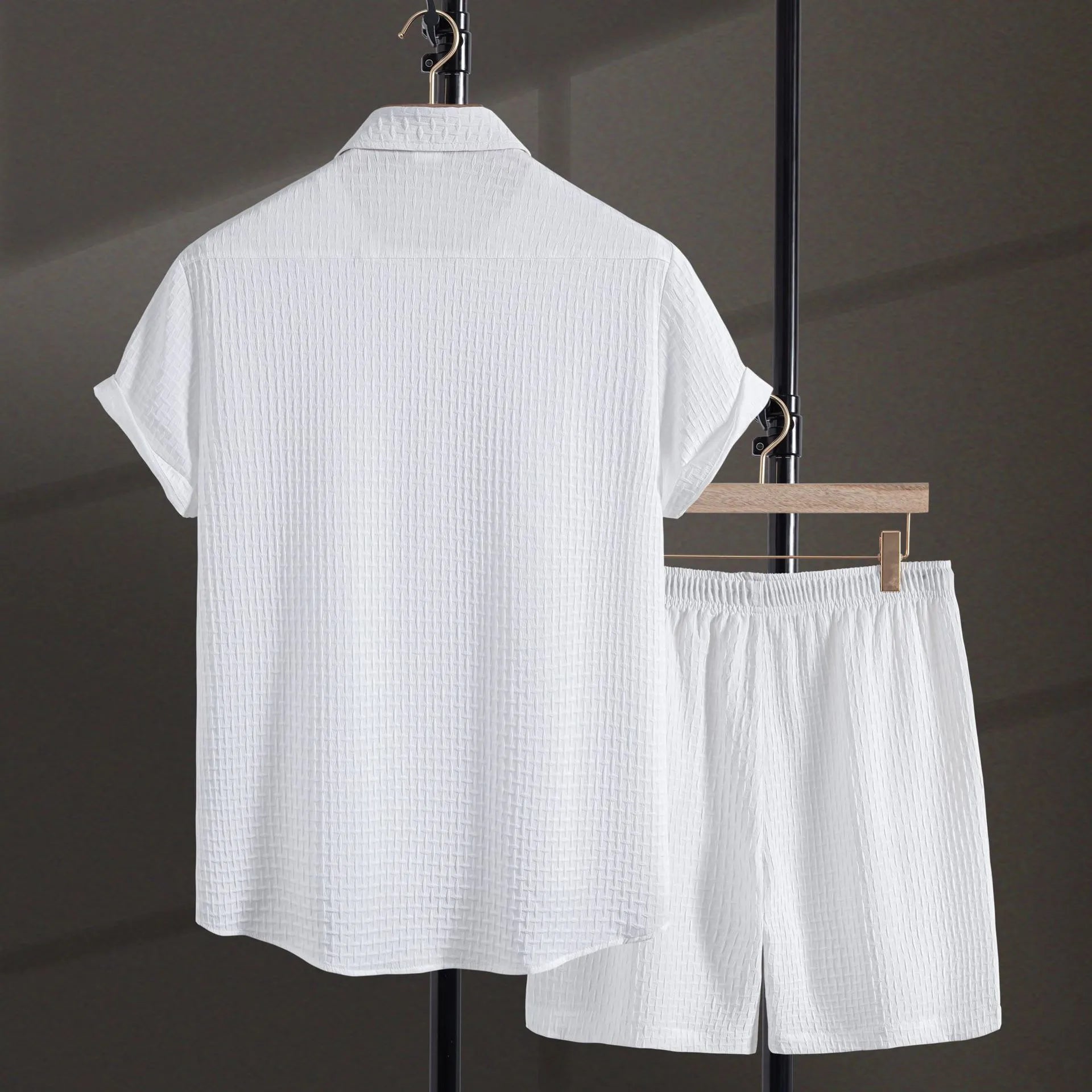 Men's cotton blend beach shorts and shirt two-piece set in loose cardigan style