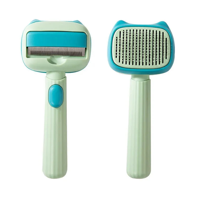 Blue and green double-sided pet grooming brush for deshedding and dematting cats and large dogs.