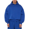 A man's grey fleece-lined cotton pullover hoodie on a hanger.