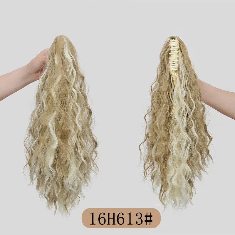 Water ripple grip corn curler synthetic ponytail wig in high temperature fibre on a stand