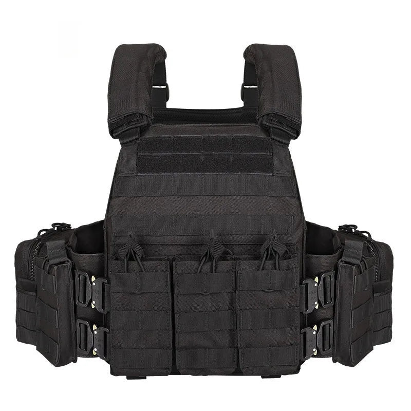 Men's camouflage pattern tactical vest made from polyester fabric for outdoor sports.