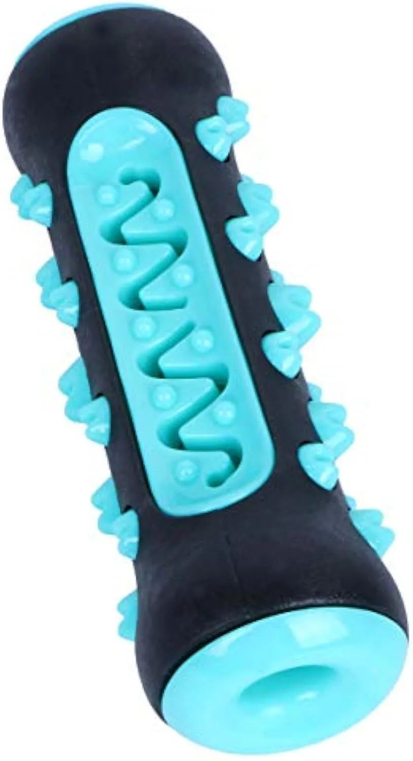 Natural rubber dog toothbrush chew toy in blue colour for dental cleaning, showing textured stick design