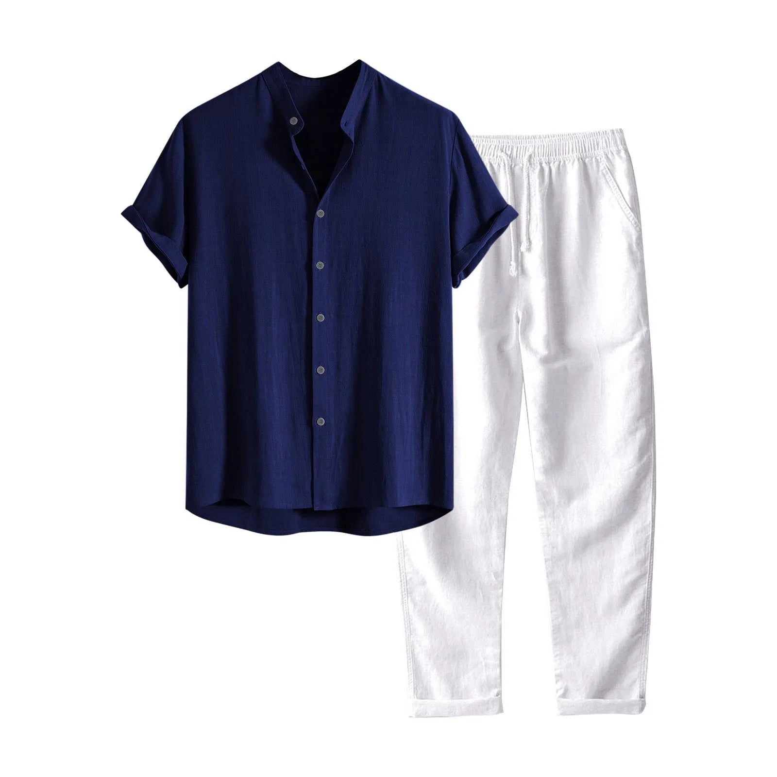 Men's loose fit casual short sleeve shirt and trousers set in linen-look fabric