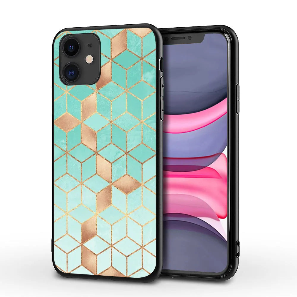 Marble pattern iPhone case showing shockproof waterproof design with precise port cutouts
