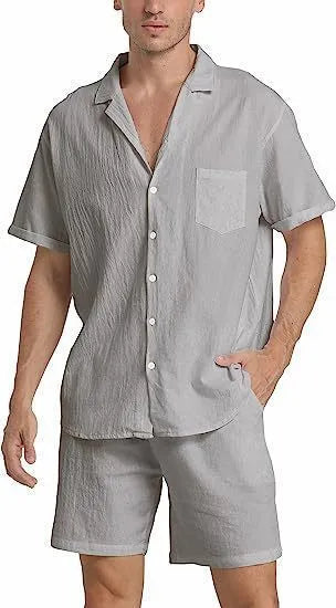 Men's flax linen short-sleeved top and matching shorts set in army green on a hanger.