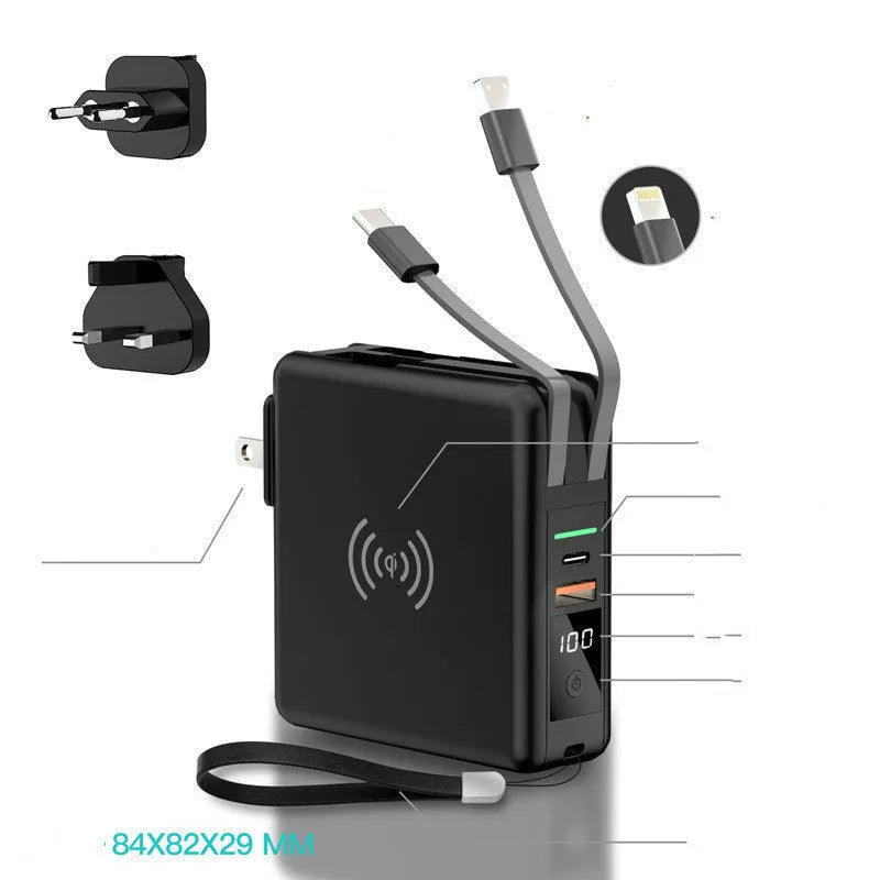 Black PD20W power bank with wireless charging and flip-out UK US EU AU plug adapters