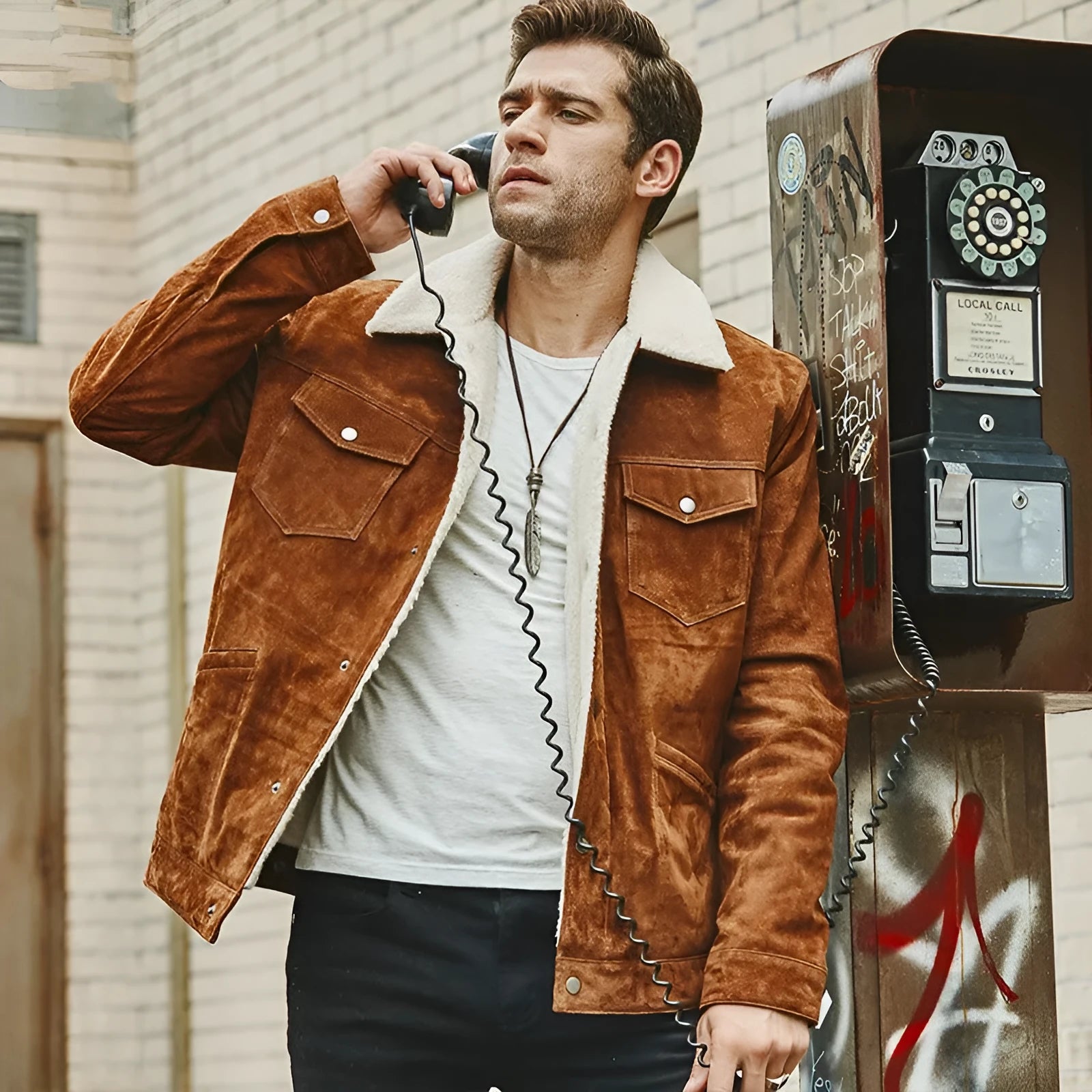 Men's brown genuine pigskin leather cotton padded jacket with lapel collar, single-breasted front, regular length straight style