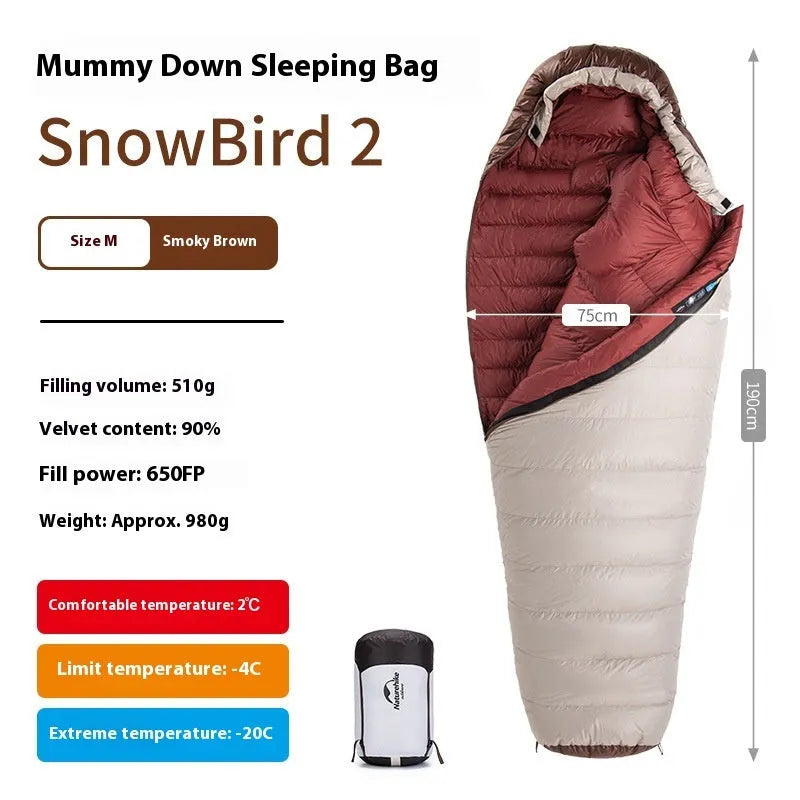 Goose down mummy-style sleeping bag in a storage bag, showing size and fill weight options.