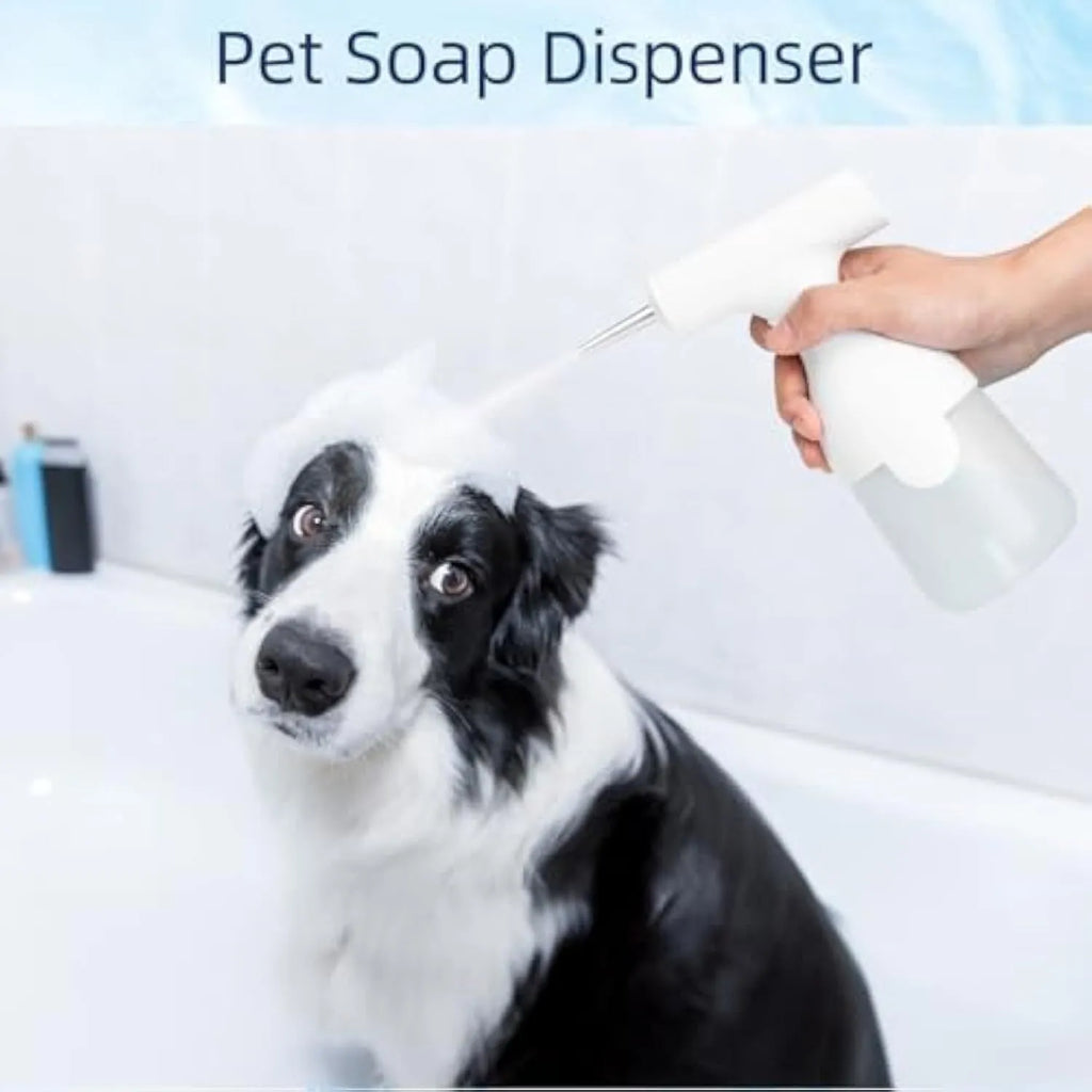 White electric foam soap dispenser with two nozzles and USB cable for pet bathing and home cleaning.
