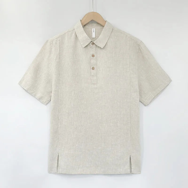 Men's light linen summer top with thin lapels and short sleeves in loose fit