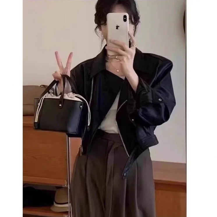 Women's brown retro slim fit imitation leather jacket with pocket detailing and regular sleeves