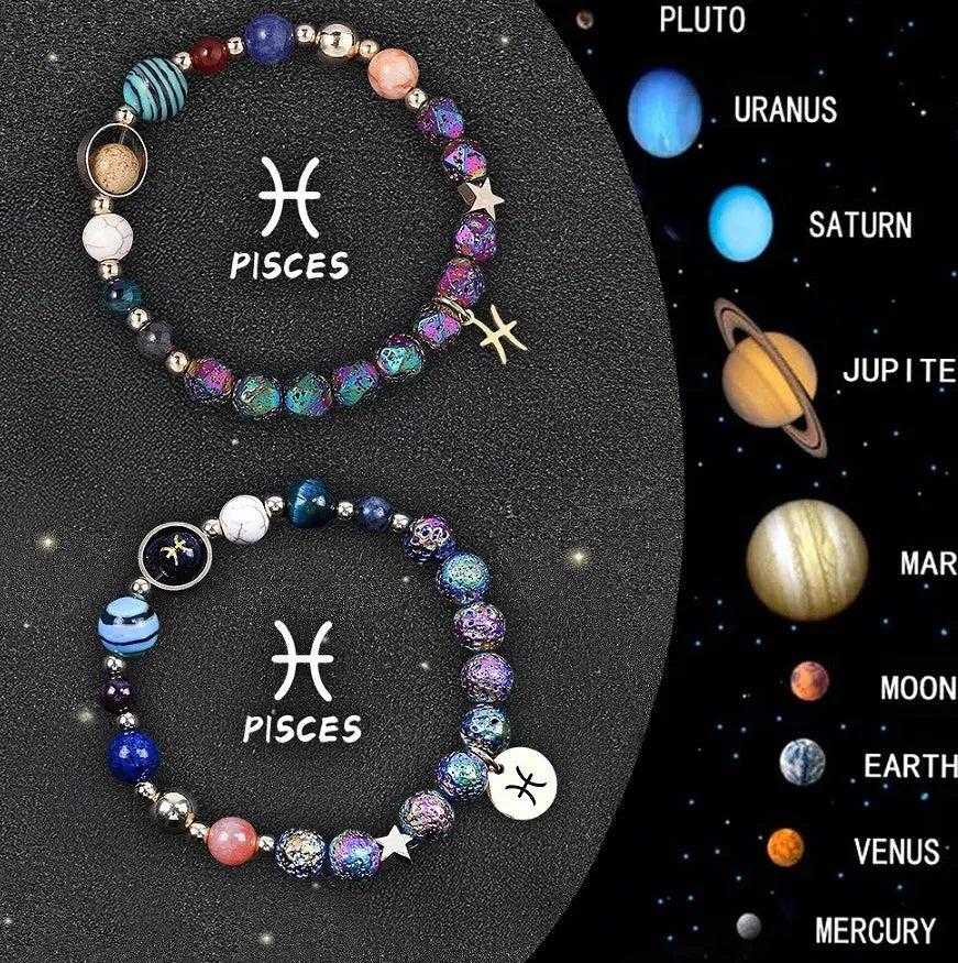 Two natural stone beaded bracelets with zodiac symbols on an adjustable cord.