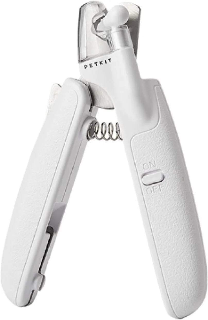 White pet nail clippers with LED light, transparent anti-splash baffle, and a nail file.