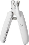 White pet nail clippers with LED light, transparent anti-splash baffle, and a nail file.