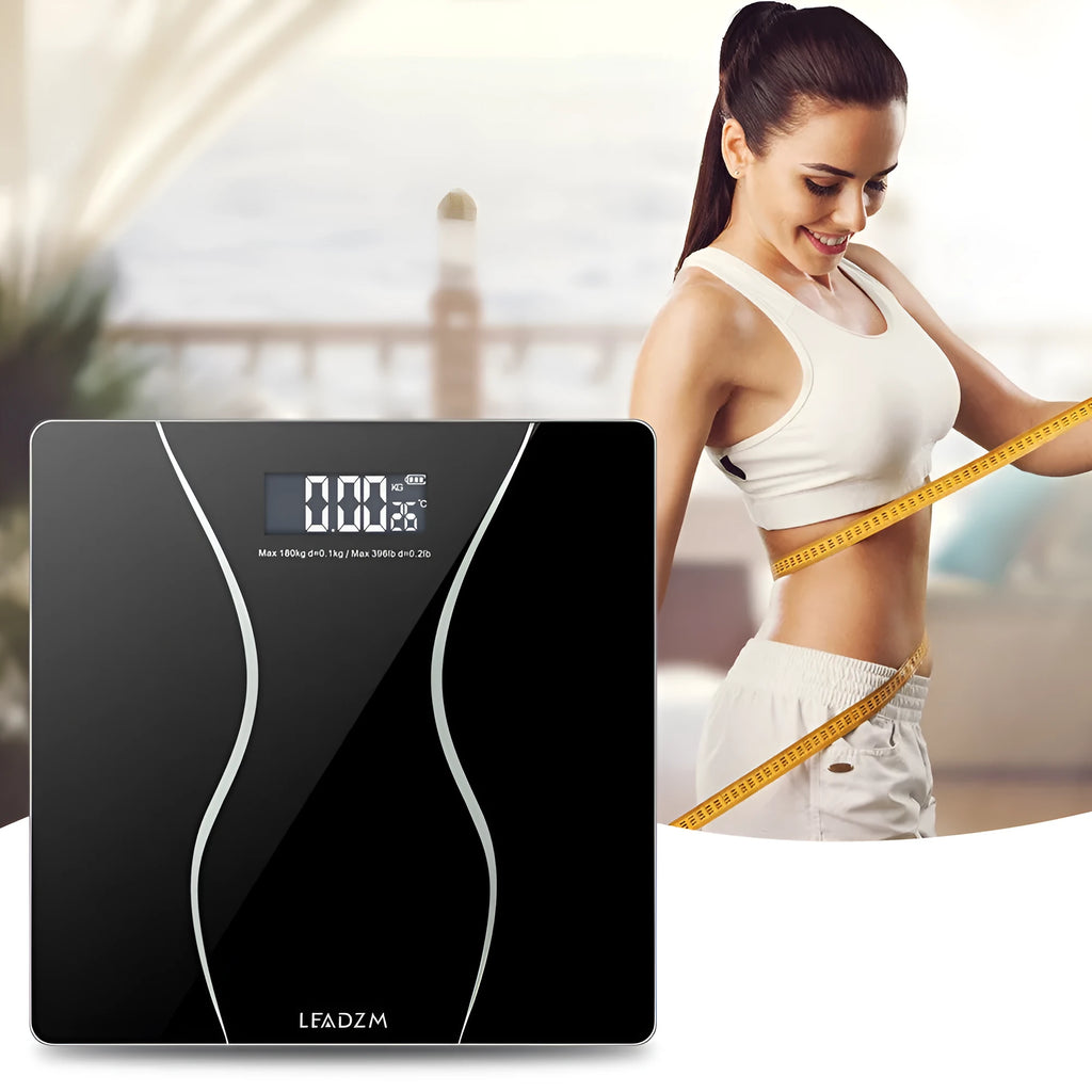 Black electronic bathroom scales with digital display for household weight measurement up to 180kg