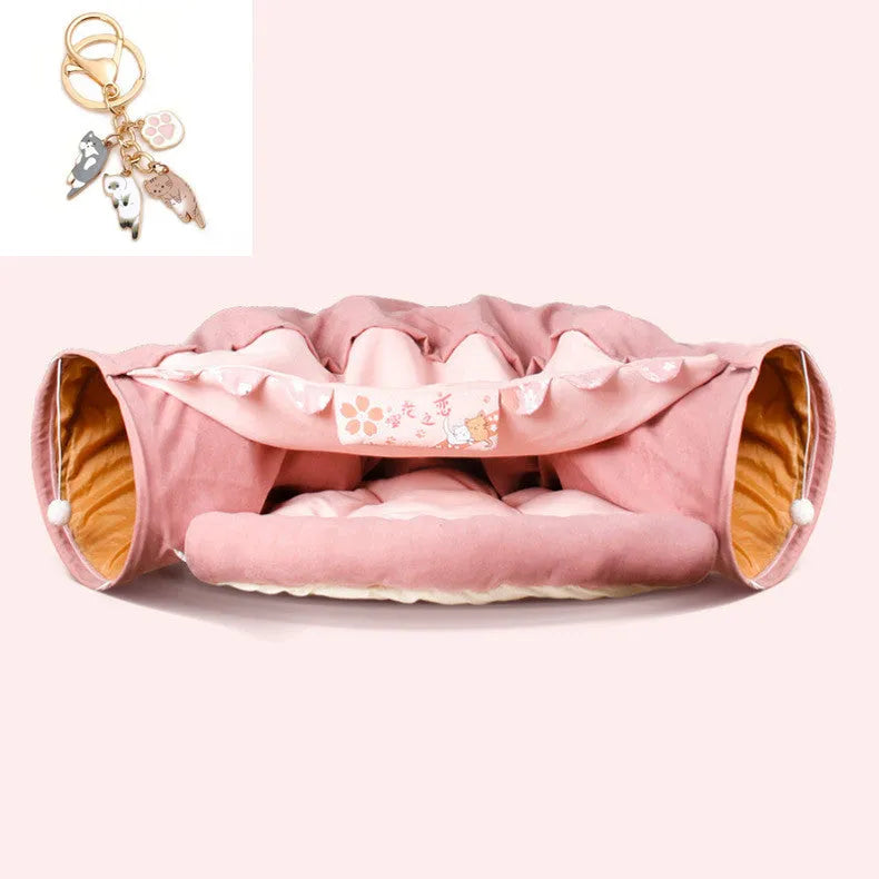 Collapsible cloth cat tunnel shown in a pop-up cylinder shape and folded flat, in a choice of colours.