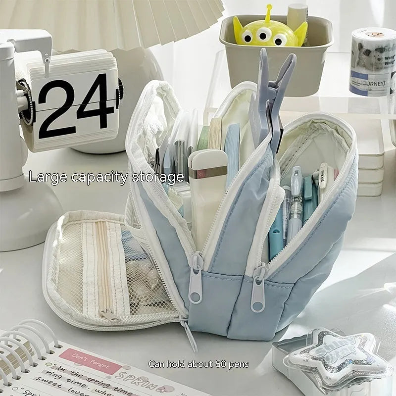 Double layer pencil case with transparent pouch and gift handle in solid colour options