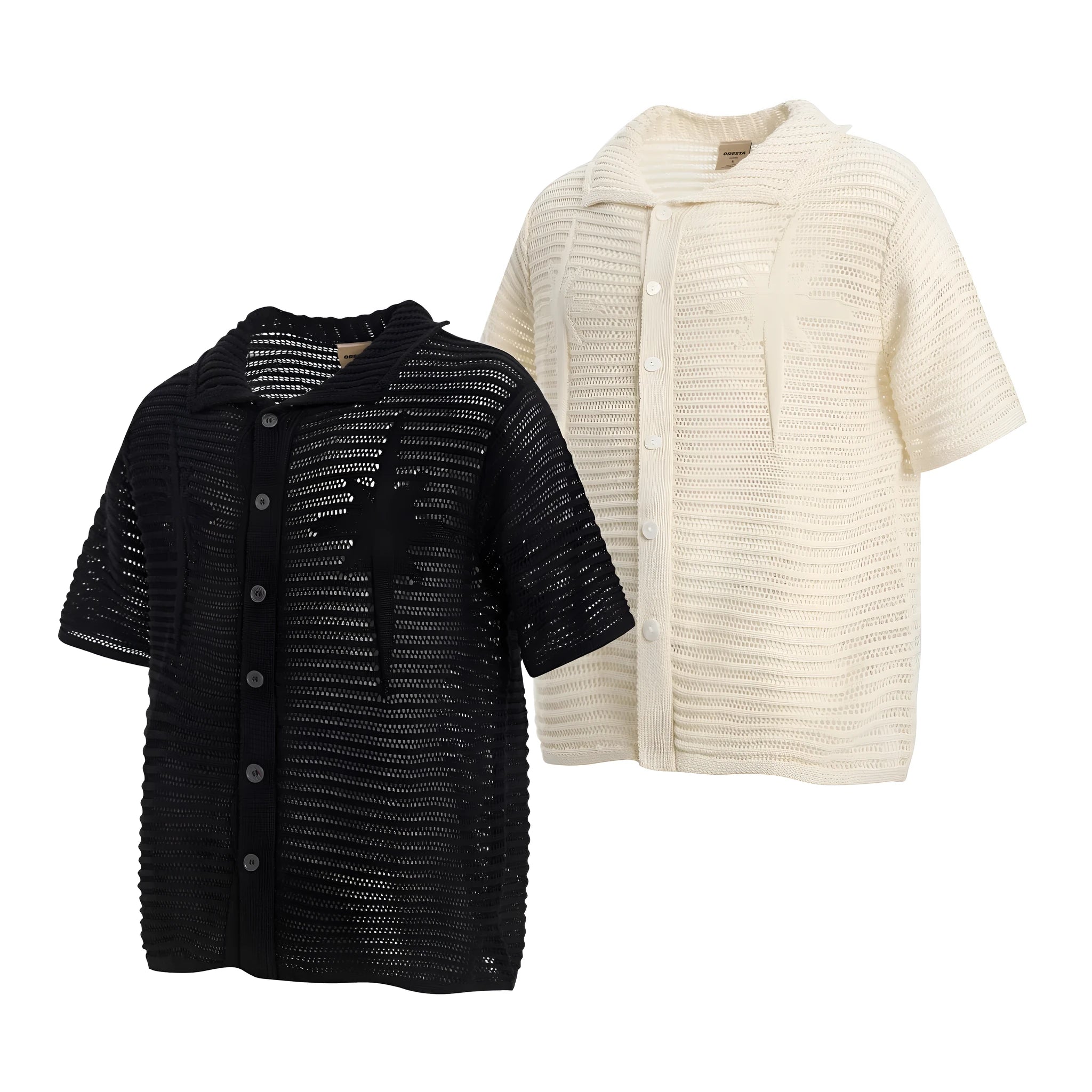 Men's apricot and black cotton short sleeve shirt with American retro design and loose fit