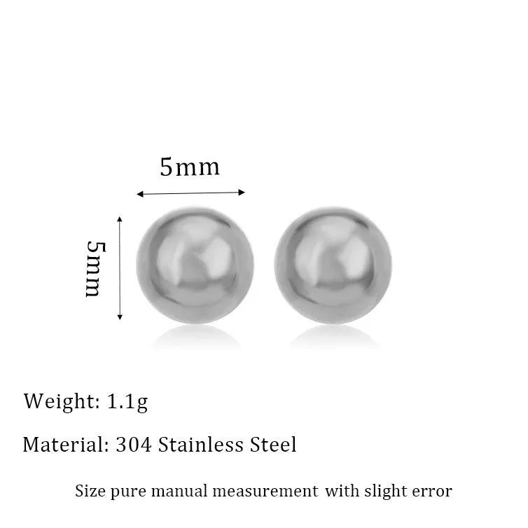 Stainless steel round ball stud earrings on a white background, showing gold and silver plated options.