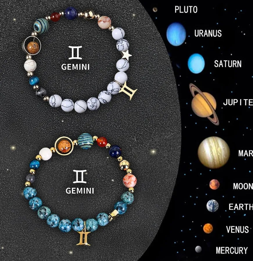 Set of twelve natural stone beaded bracelets featuring zodiac sign designs