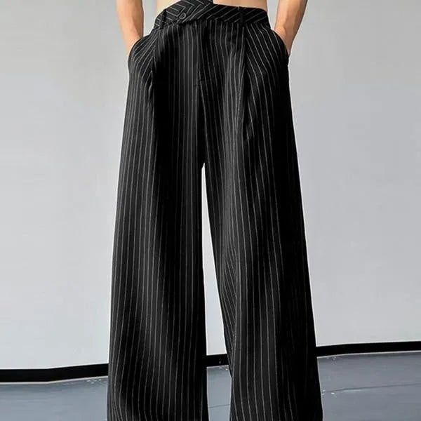 Men's black vertical striped pleated casual trousers showing front view