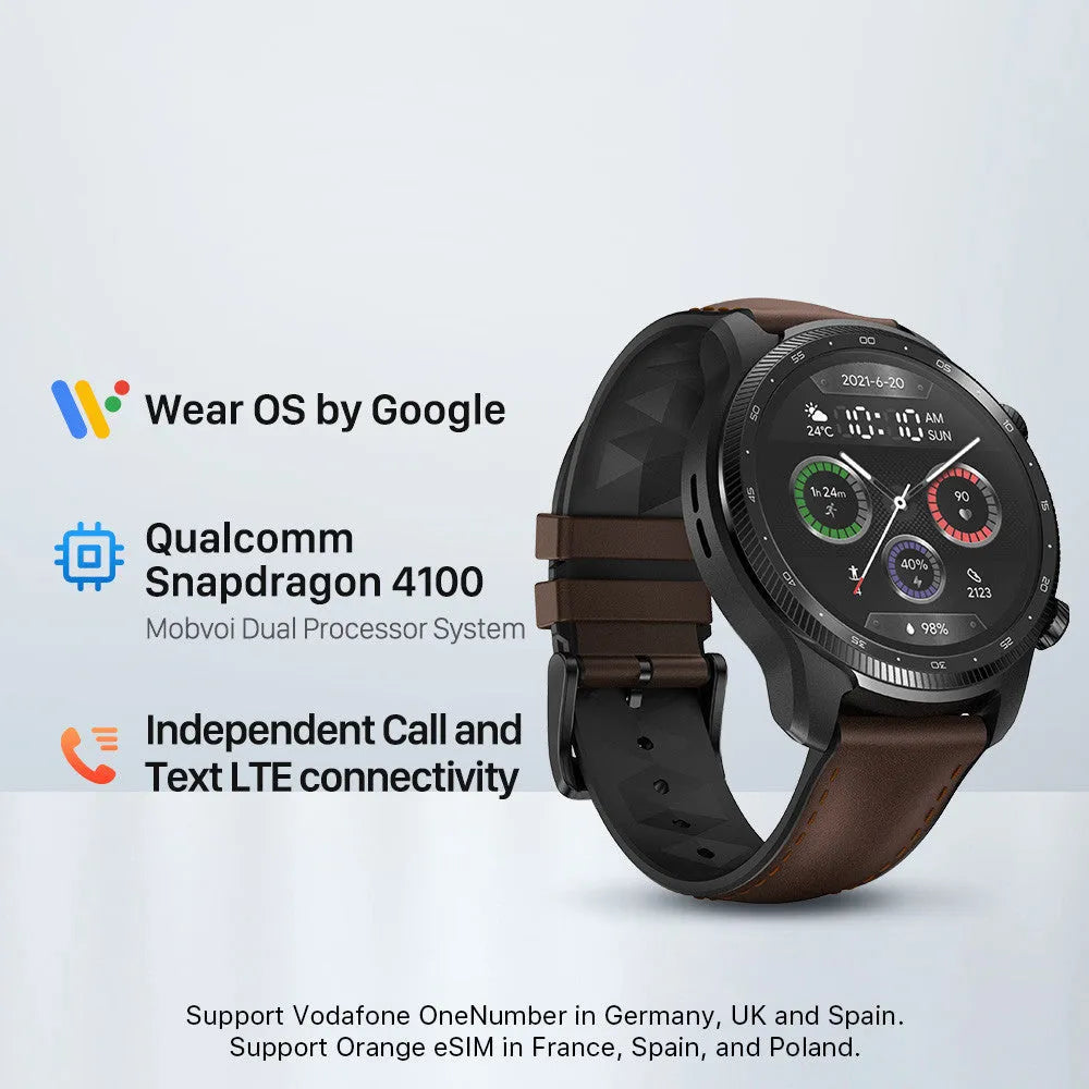 Ticwatch Pro X black smart watch with round display showing fitness metrics on wrist