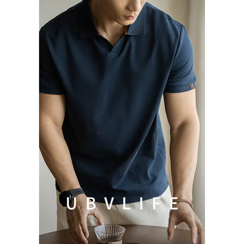 Men's blue American-style short-sleeve polo shirt on a hanger