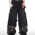 Men's grey camouflage splicing jeans with pin and ribbon structural details