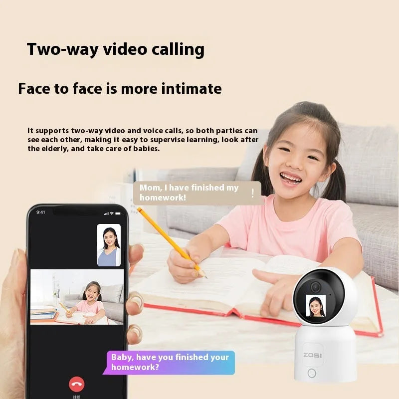 Zhou Shi white indoor wireless security camera with built-in screen on a screw-fixed wall bracket.
