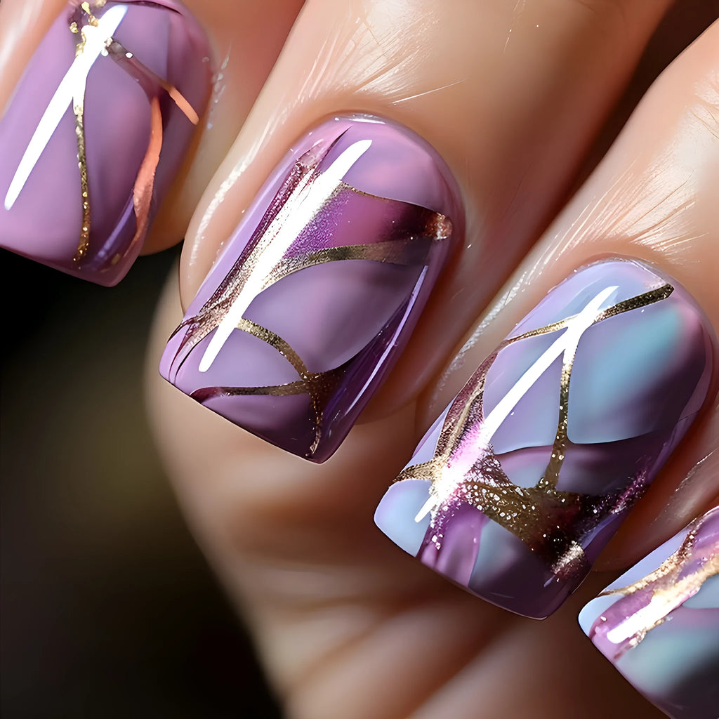 Purple striped nail stickers set in European and American mid-length style