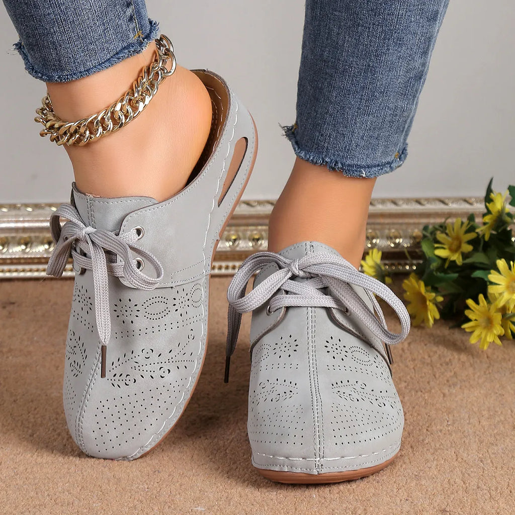 Women's baotou lace-up slippers in light grey with a hollow-out wedge and rubber sole.