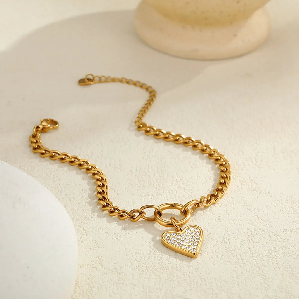 Fashion 18K stainless steel heart shape bracelet with baroque pearl and diamond accent for women