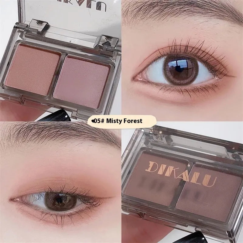 Dikalu two-tone eye shadow plate showing pink and black matte and shimmer shades in compact