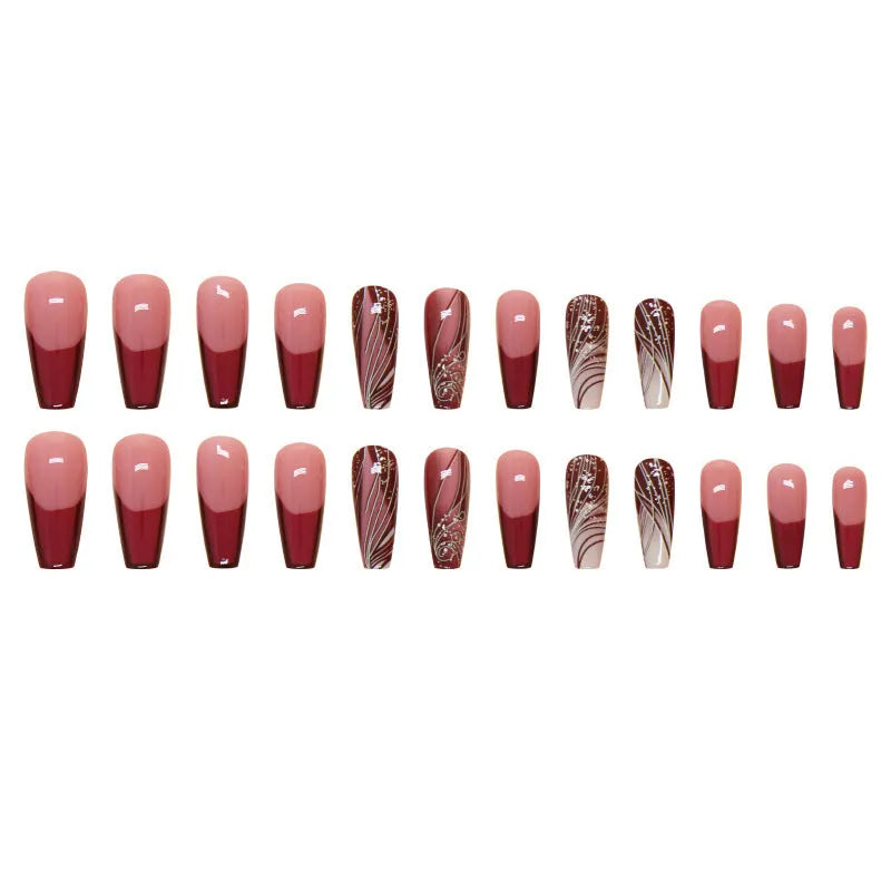 Set of 24 French line pattern press on artificial nails and one tube of glue.
