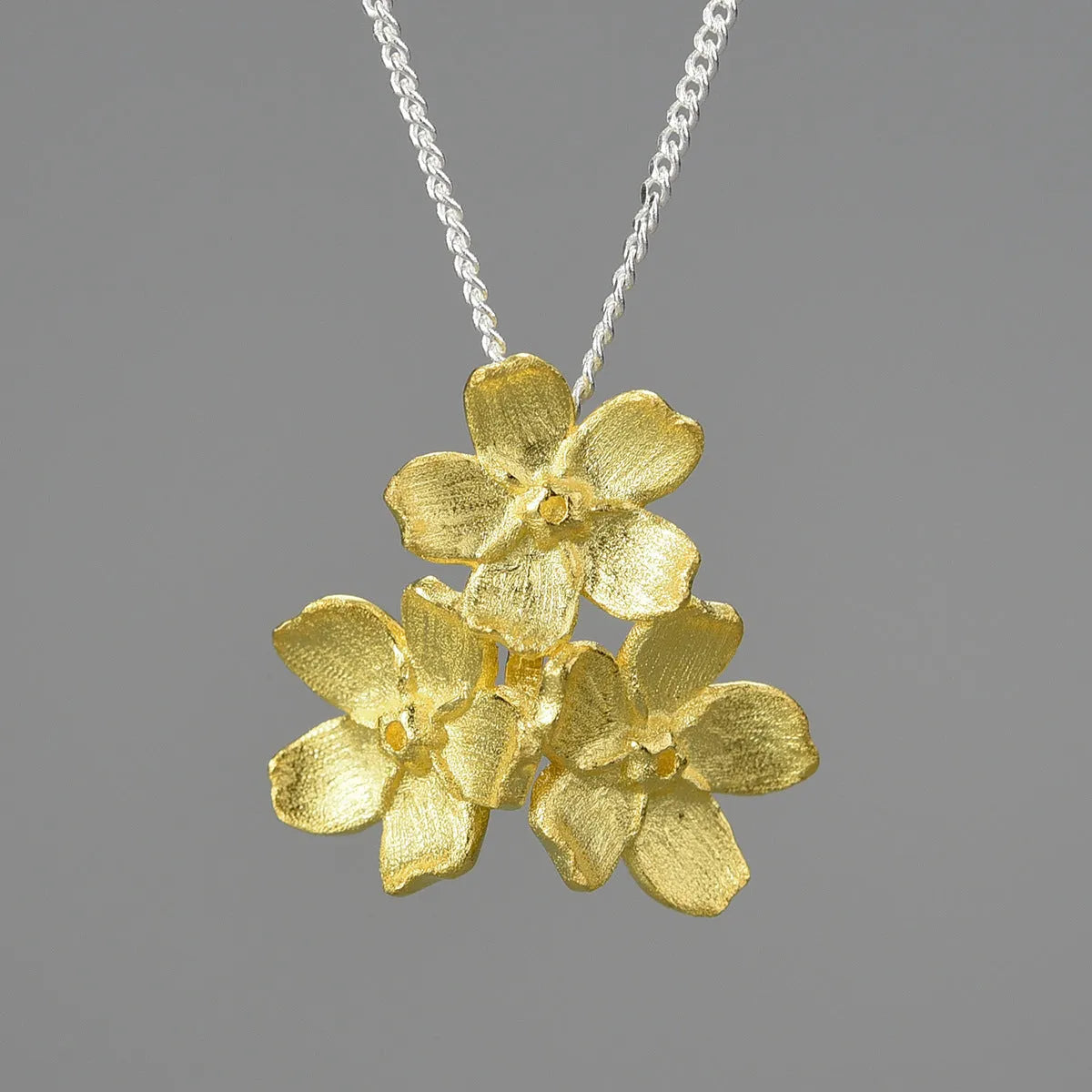 Myosotis Sylvatica forget-me-not flower sterling silver pendant with pastoral hand-designed details