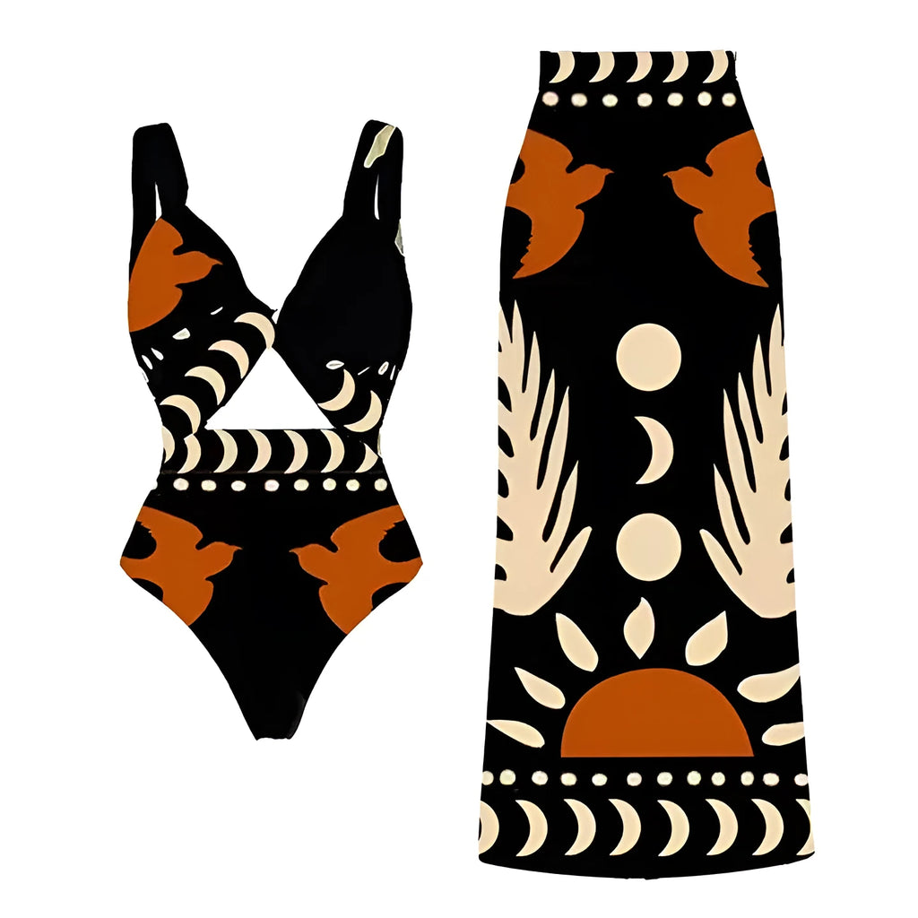 Women's black one-piece swimsuit made from polyester fabric, shown in size M.