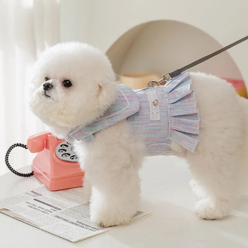Purple and pink lightweight polyester pet clothes for small dogs and cats in sizes S, M, L, and XL.