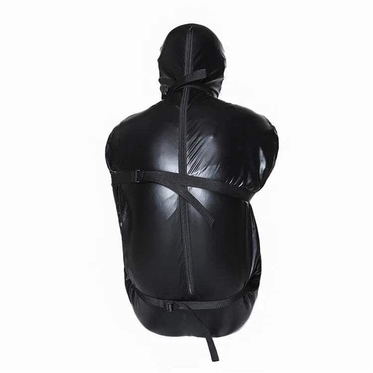 Black patent leather bondage set with full-coverage body wrap and six ratchet tie-downs
