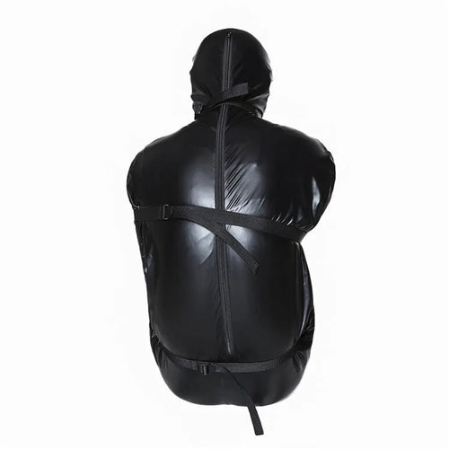 Black patent leather bondage set with full-coverage body wrap and six ratchet tie-downs